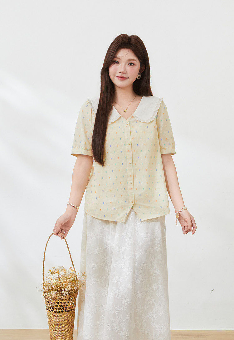 Contrast-colored baby-collar floral shirt FXA7215