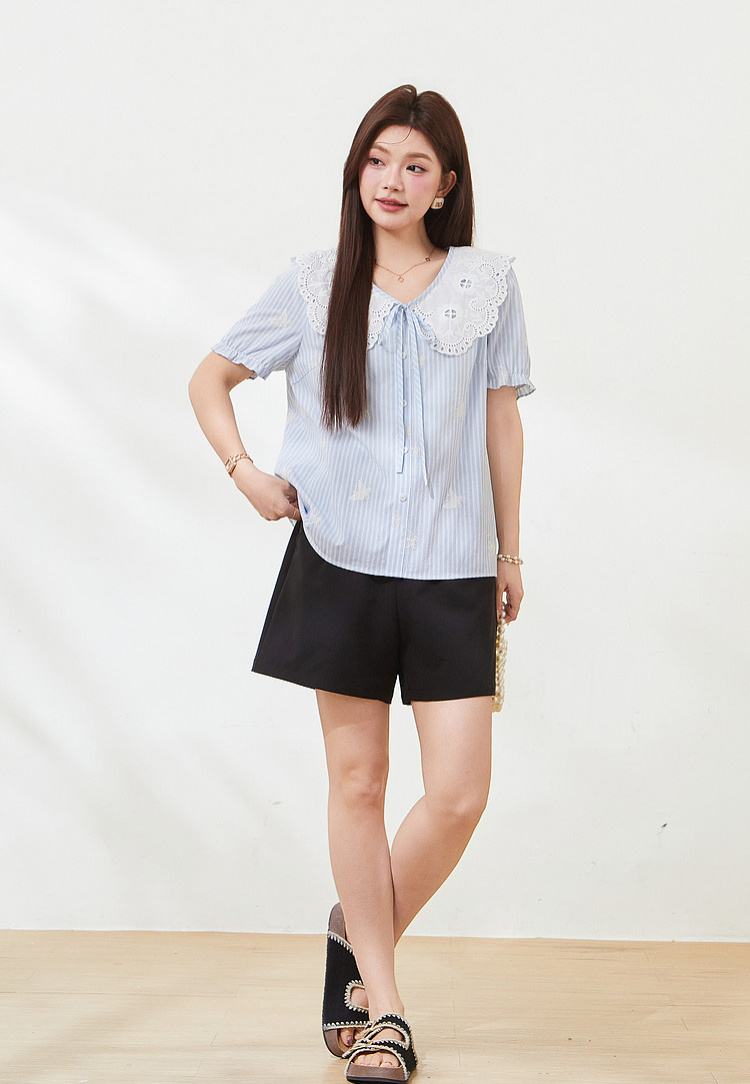 French retro doll collar striped embroidered top，FXA7311