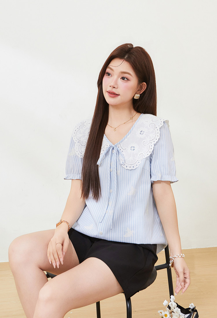French retro doll collar striped embroidered top，FXA7311