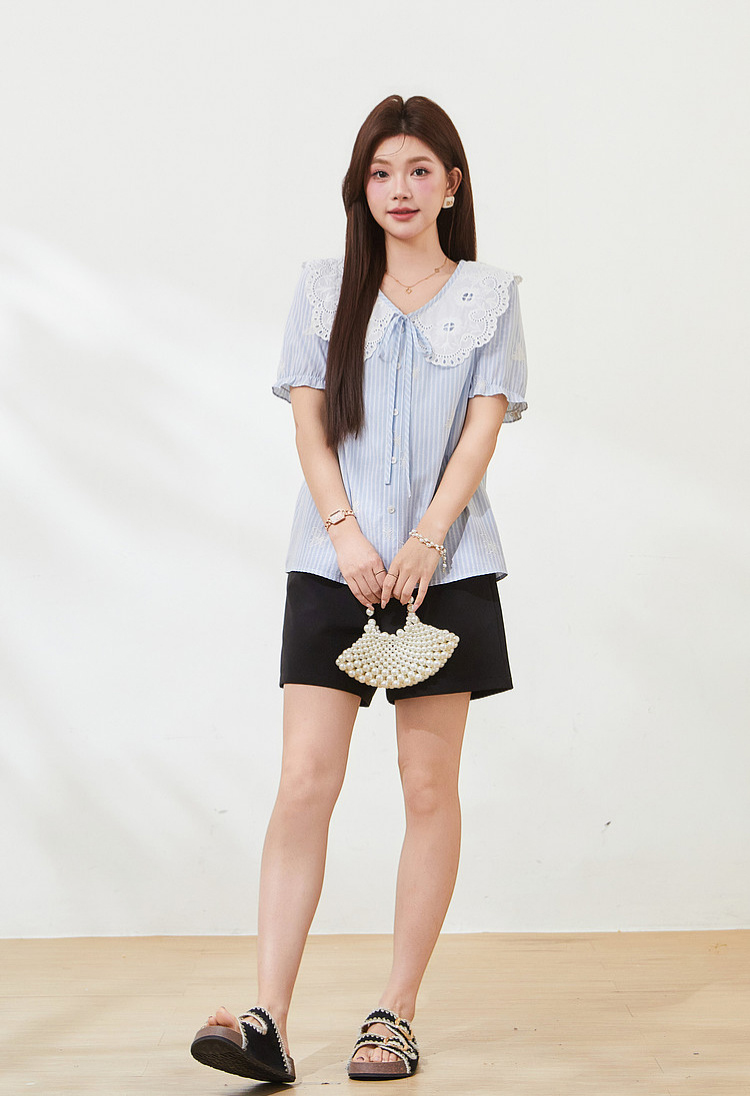 French retro doll collar striped embroidered top，FXA7311