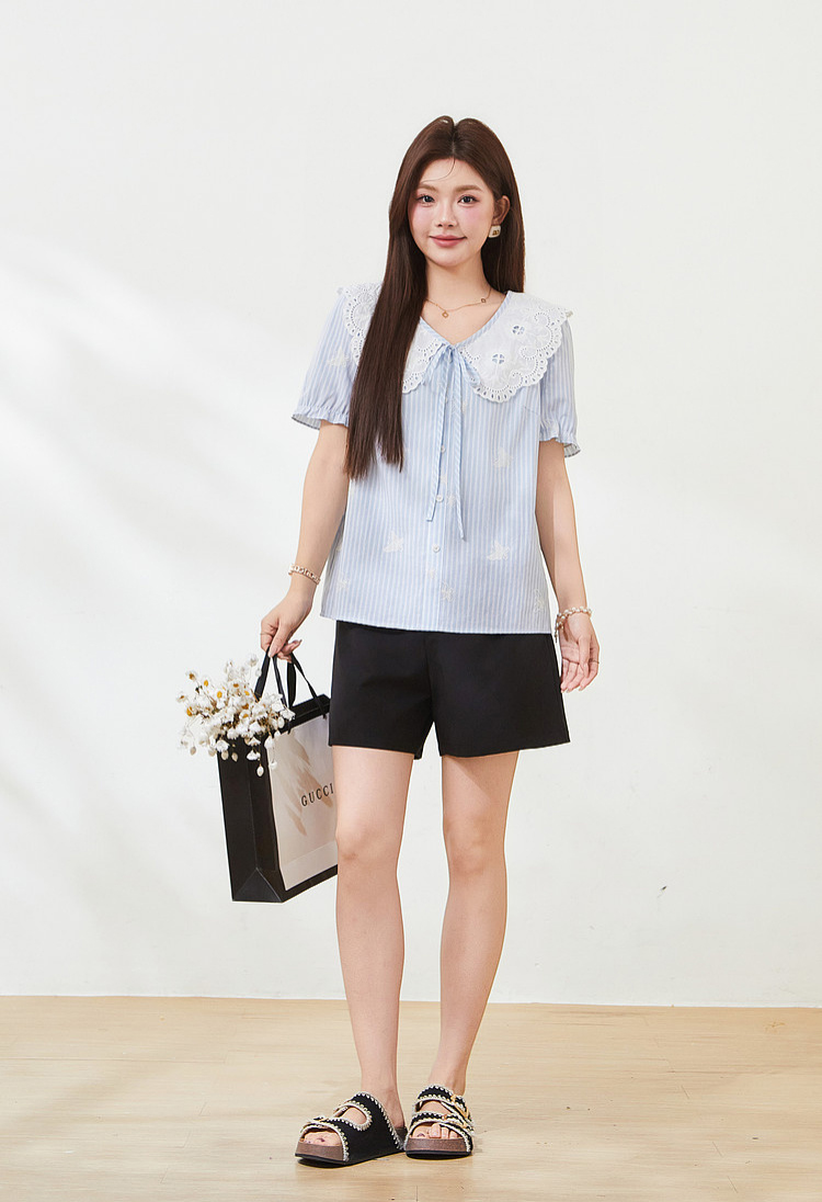 French retro doll collar striped embroidered top，FXA7311