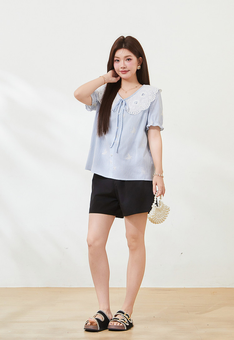 French retro doll collar striped embroidered top，FXA7311