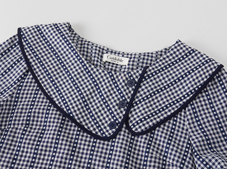 Round-neck blue checkered puff-sleeve blouse FXA7321
