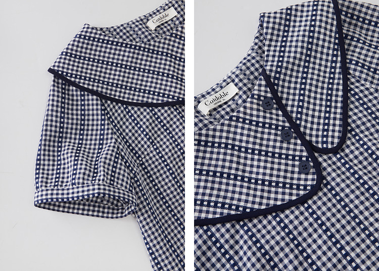 Round-neck blue checkered puff-sleeve blouse FXA7321