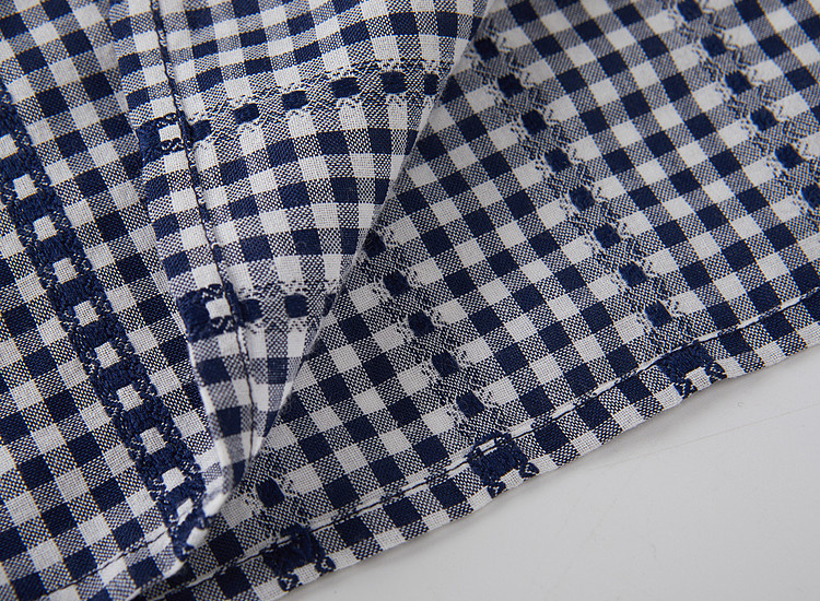 Round-neck blue checkered puff-sleeve blouse FXA7321