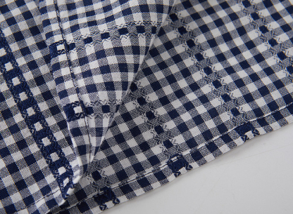 Round-neck blue checkered puff-sleeve blouse FXA7321