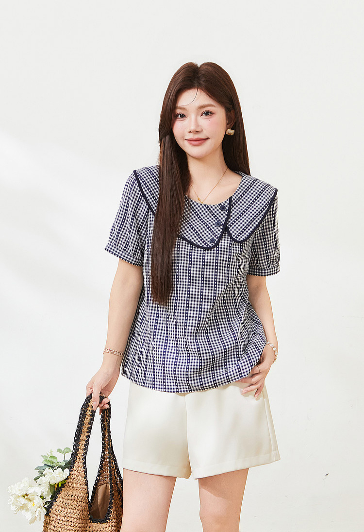 Round-neck blue checkered puff-sleeve blouse FXA7321