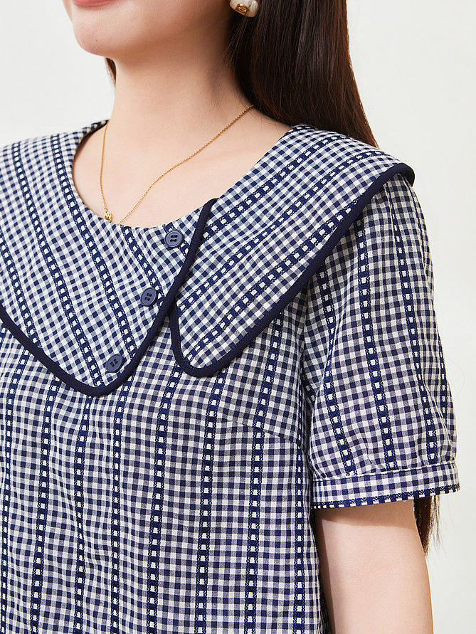 Round-neck blue checkered puff-sleeve blouse FXA7321