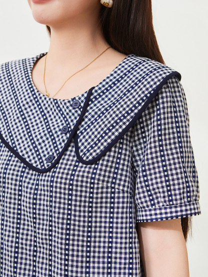 Round-neck blue checkered puff-sleeve blouse FXA7321