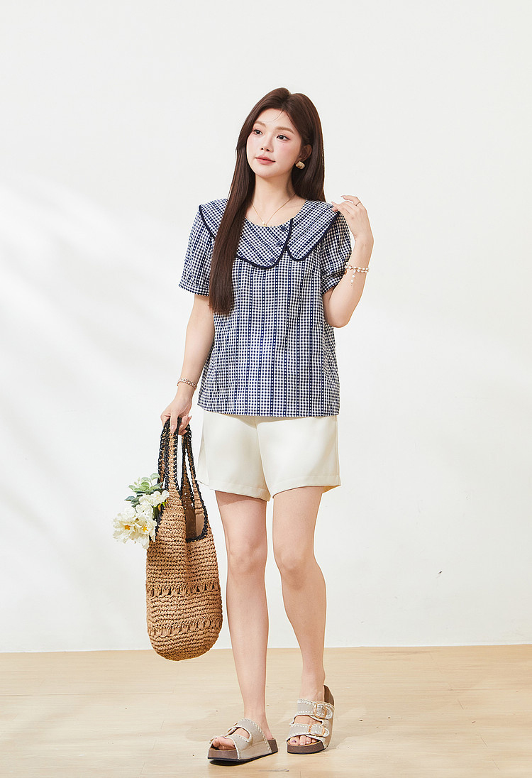 Round-neck blue checkered puff-sleeve blouse FXA7321