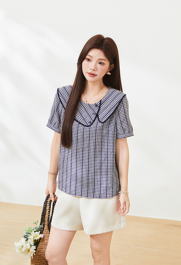 Round-neck blue checkered puff-sleeve blouse FXA7321