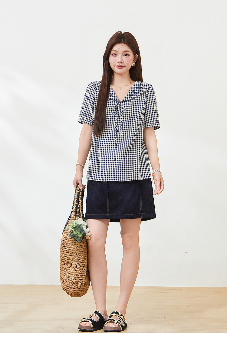 Doll collar embroidered short shirt，FXA7337