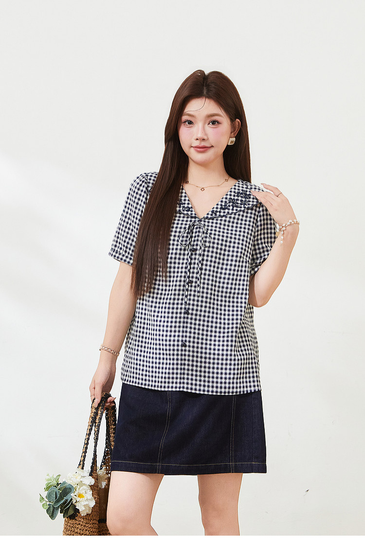 Doll collar embroidered short shirt，FXA7337