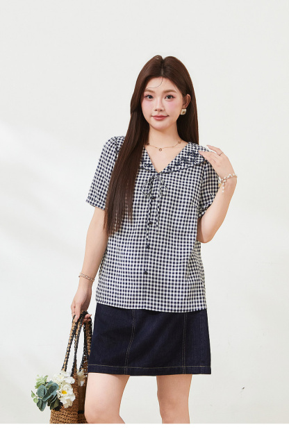 Doll collar embroidered short shirt，FXA7337