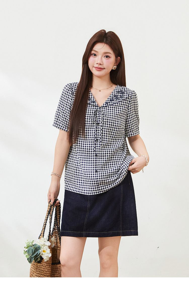 Doll collar embroidered short shirt，FXA7337