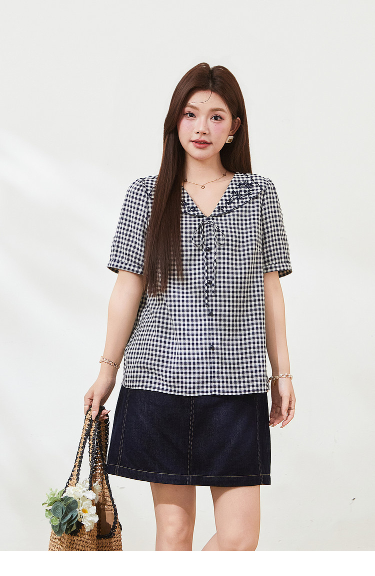 Doll collar embroidered short shirt，FXA7337