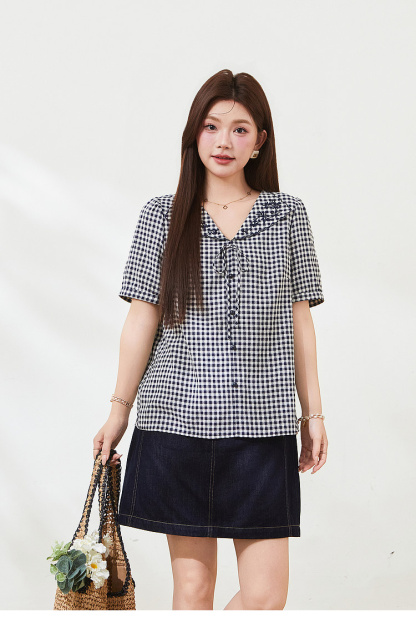 Doll collar embroidered short shirt，FXA7337