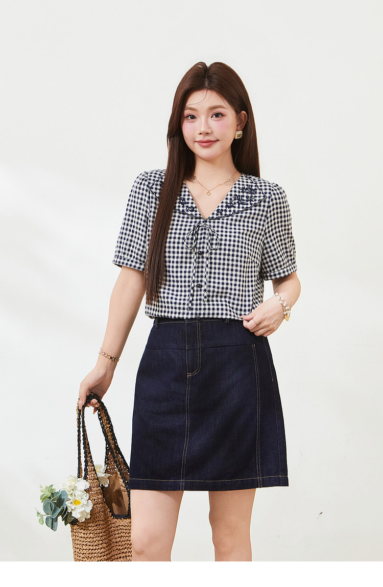 Doll collar embroidered short shirt，FXA7337