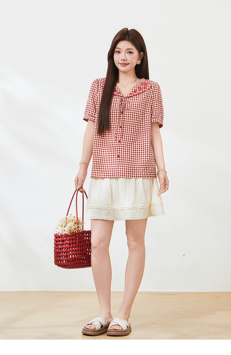 Doll collar embroidered short shirt，FXA7337