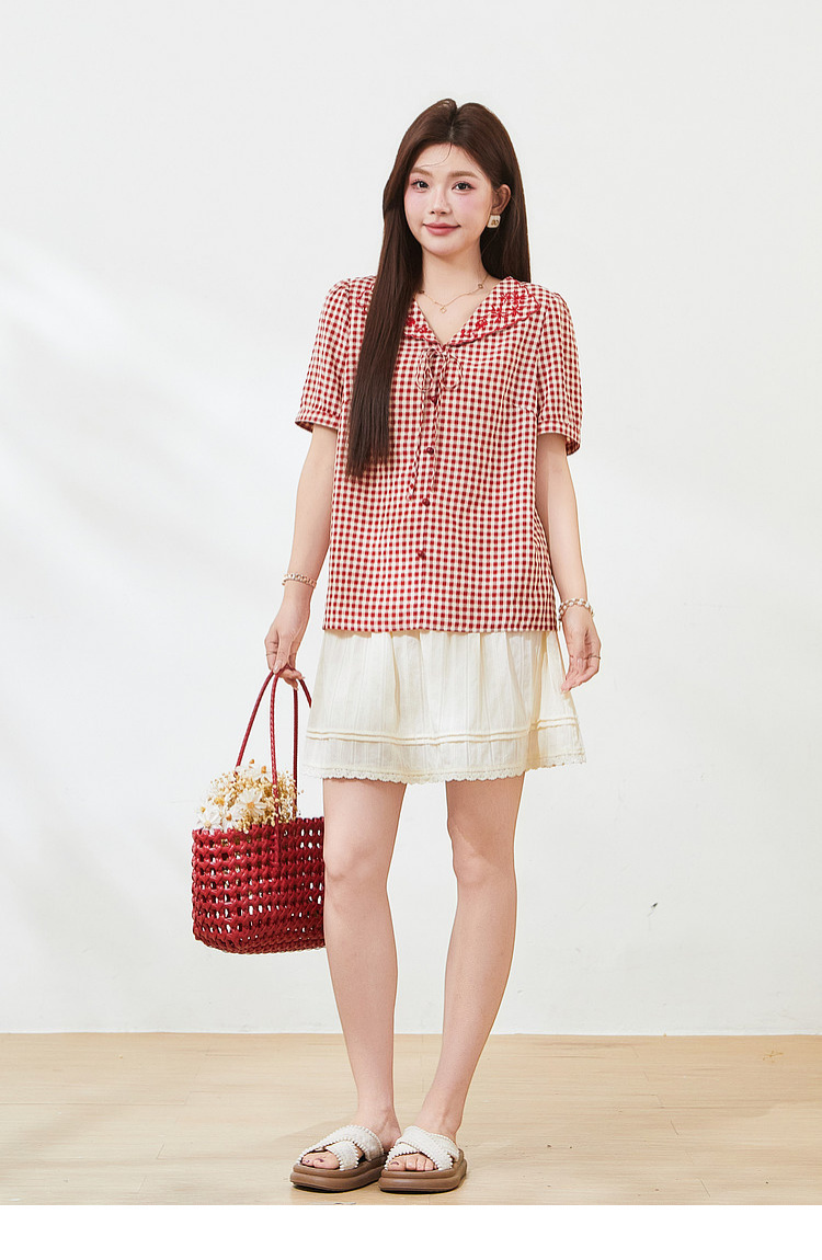 Doll collar embroidered short shirt，FXA7337