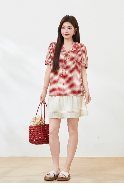 Doll collar embroidered short shirt，FXA7337