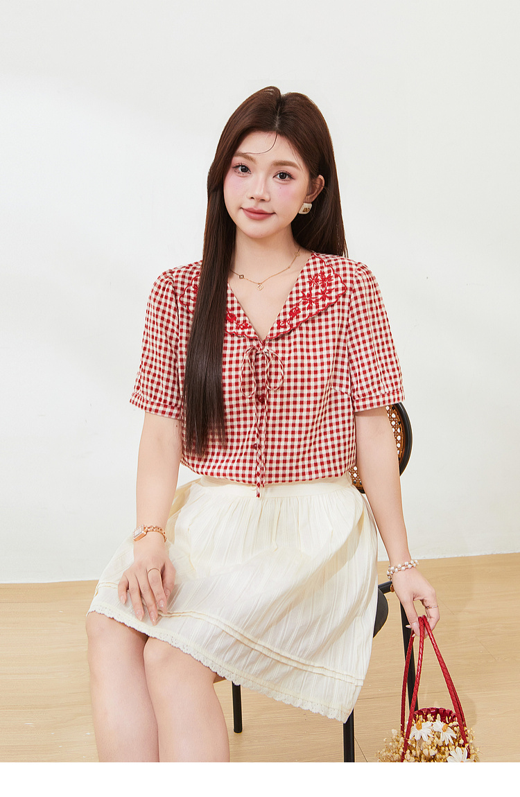 Doll collar embroidered short shirt，FXA7337