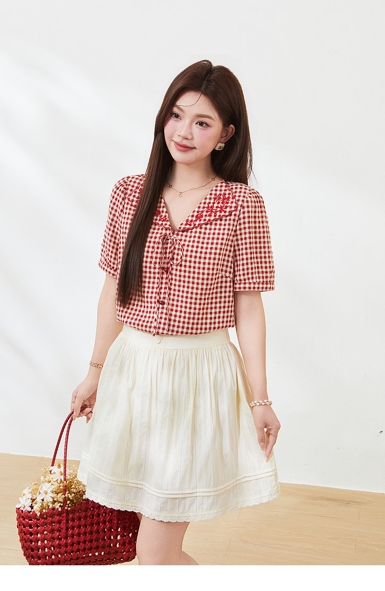Doll collar embroidered short shirt，FXA7337