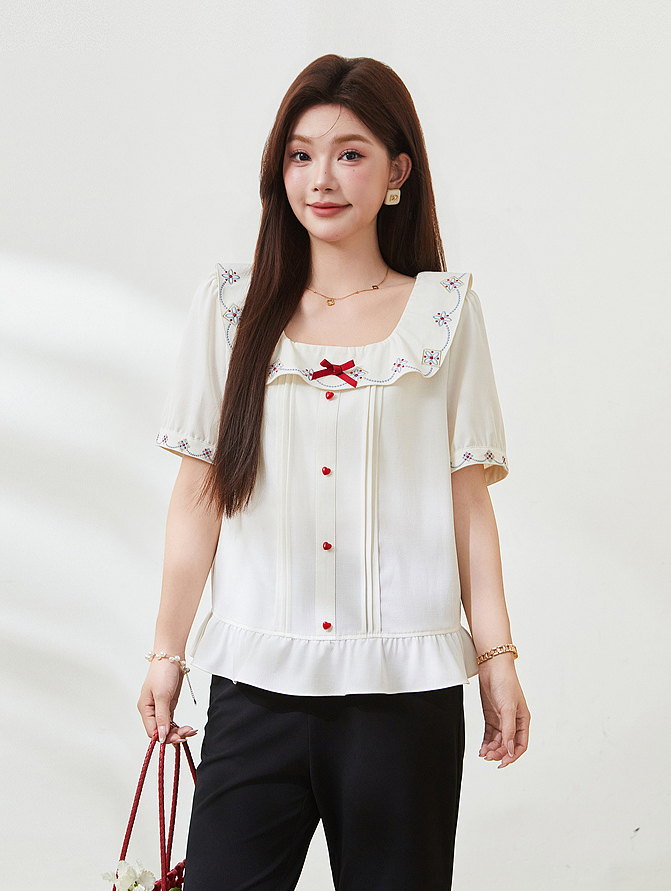 Vintage embroidery lotus leaf square neck shirt FXA7500