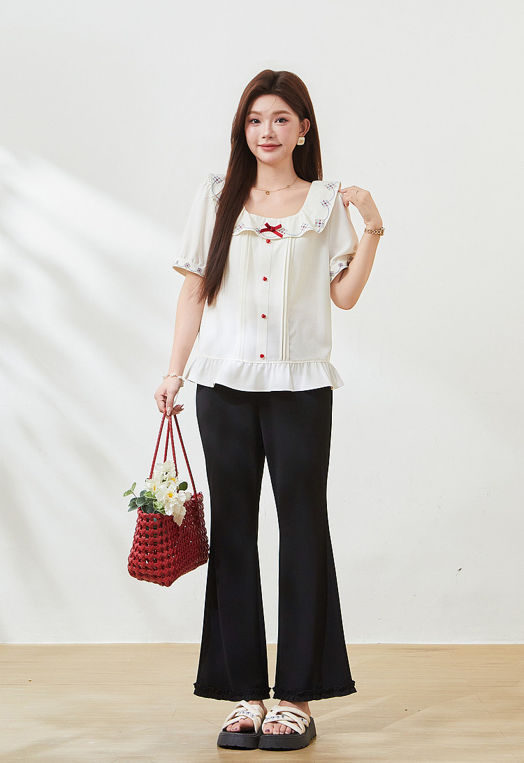 Vintage embroidery lotus leaf square neck shirt FXA7500