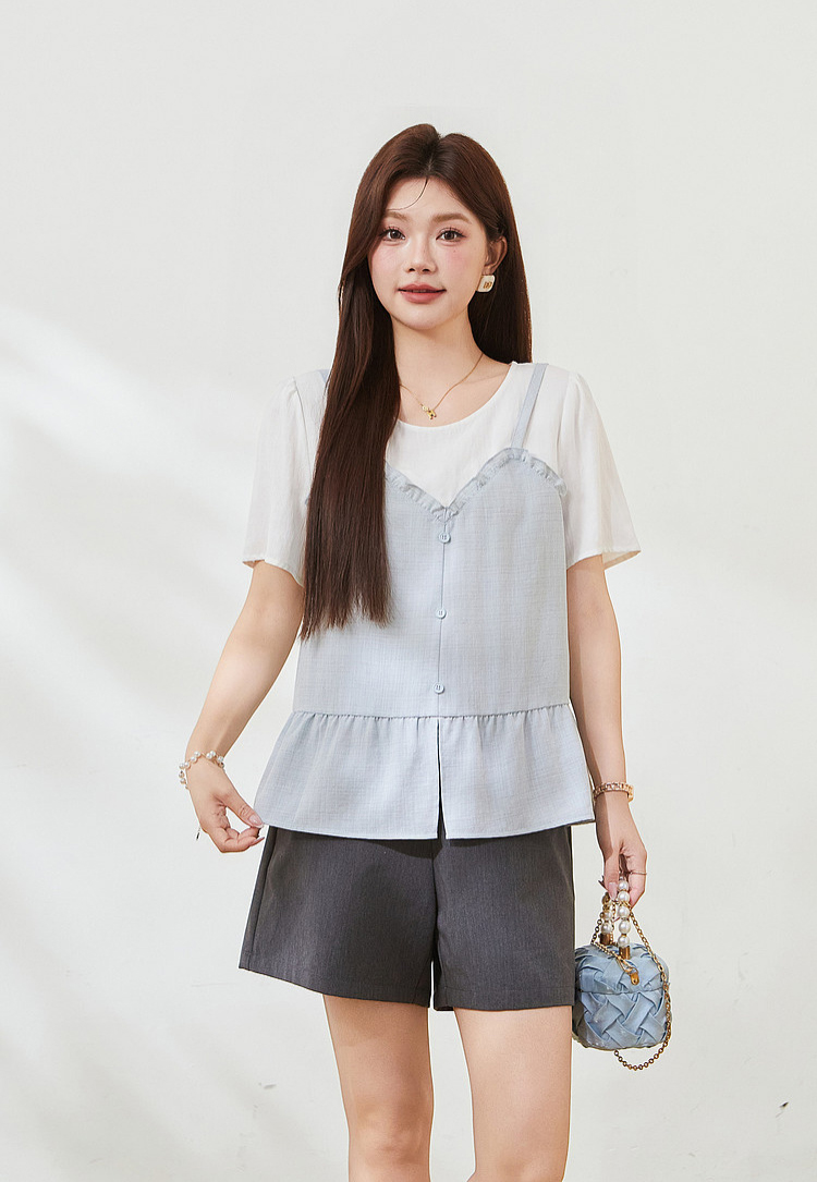Fake two-piece splicing wooden ear small shirt FXA7506