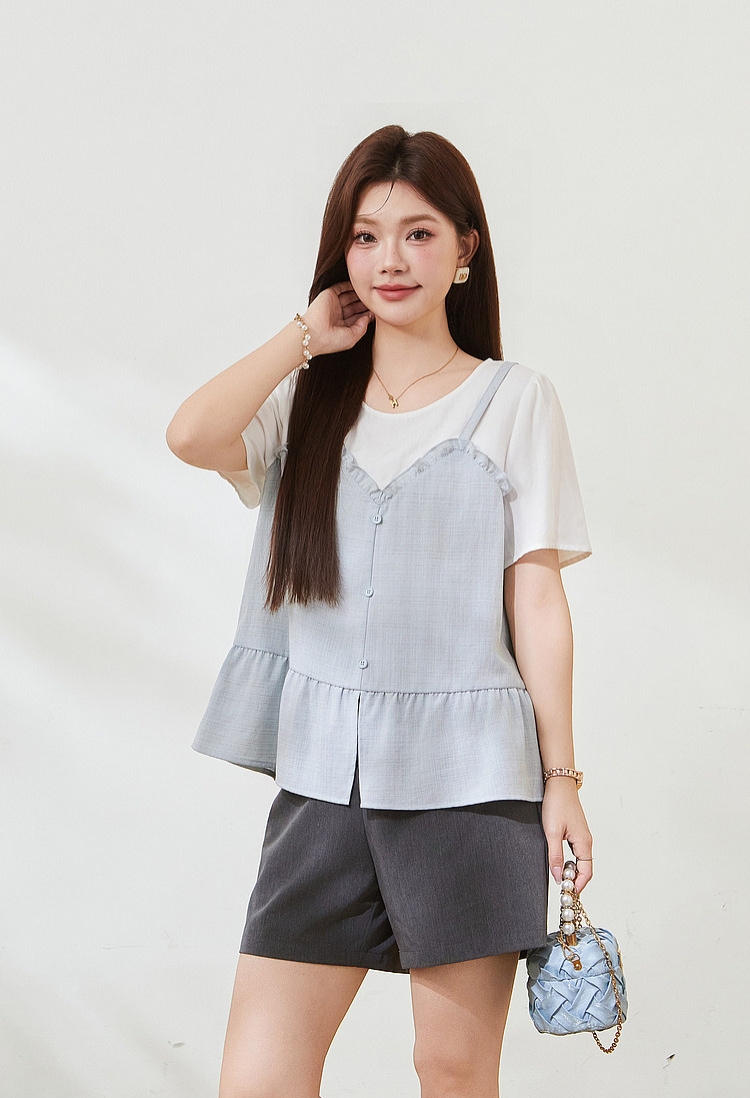 Fake two-piece splicing wooden ear small shirt FXA7506