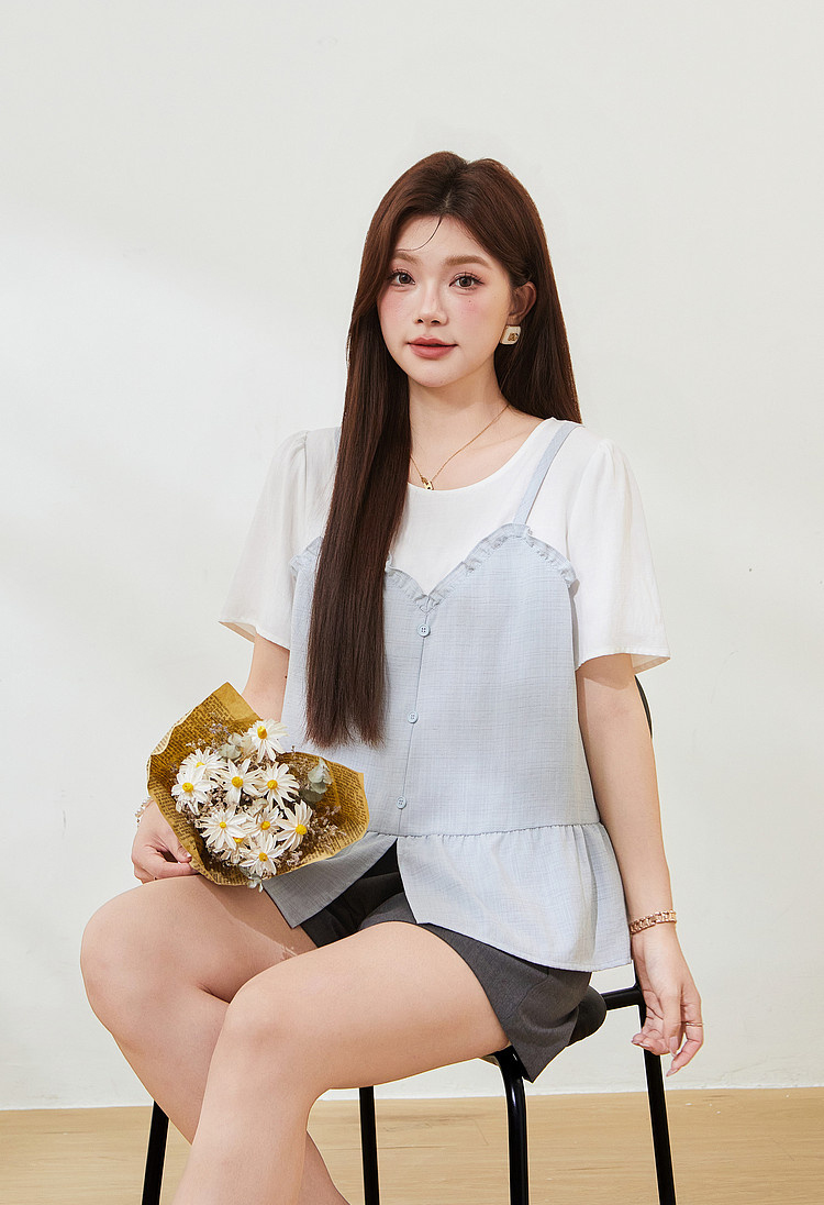 Fake two-piece splicing wooden ear small shirt FXA7506