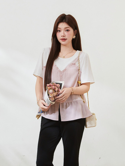 Fake two-piece splicing wooden ear small shirt FXA7506