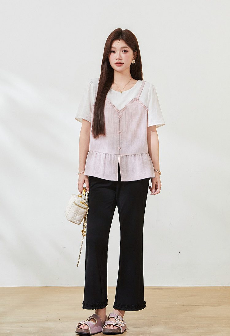 Fake two-piece splicing wooden ear small shirt FXA7506