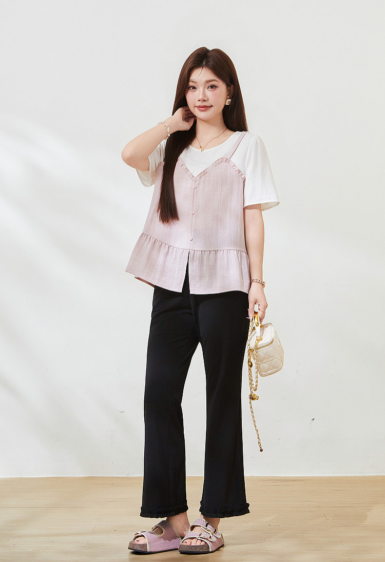 Fake two-piece splicing wooden ear small shirt FXA7506
