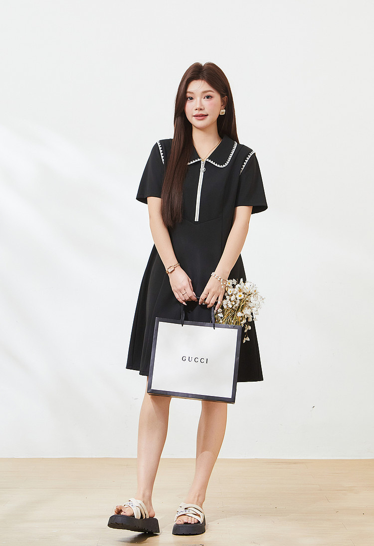 POLO collar and waist A-line shell embroidered dress，FXQ7227