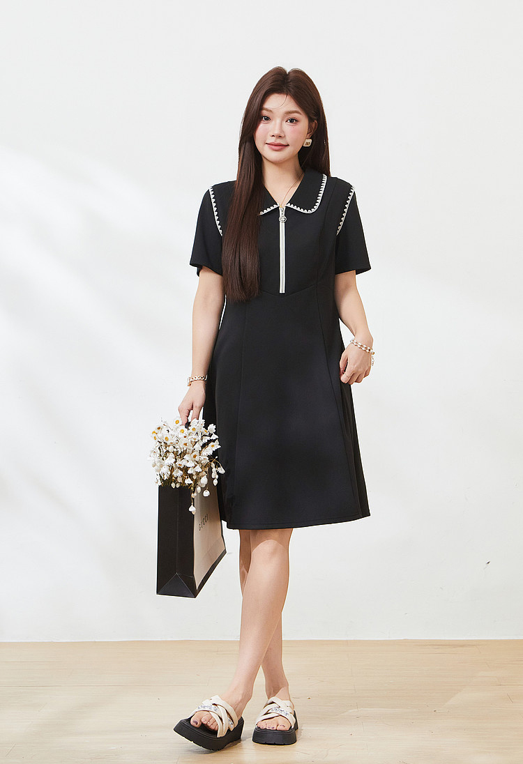POLO collar and waist A-line shell embroidered dress，FXQ7227