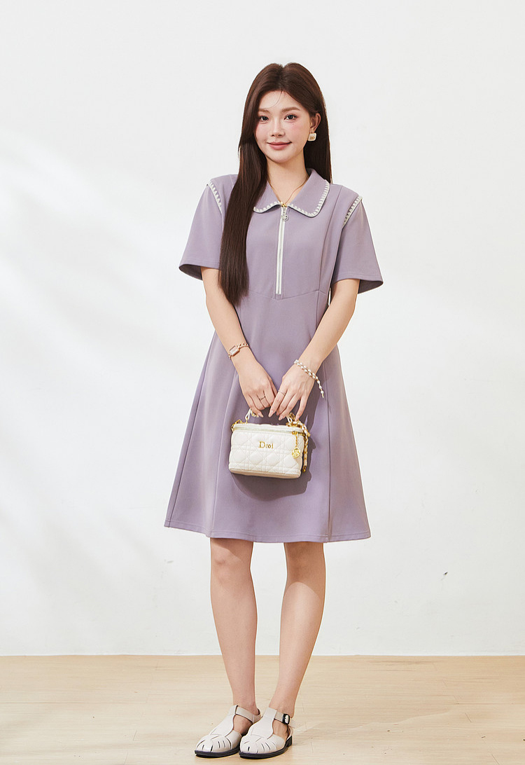 POLO collar and waist A-line shell embroidered dress，FXQ7227