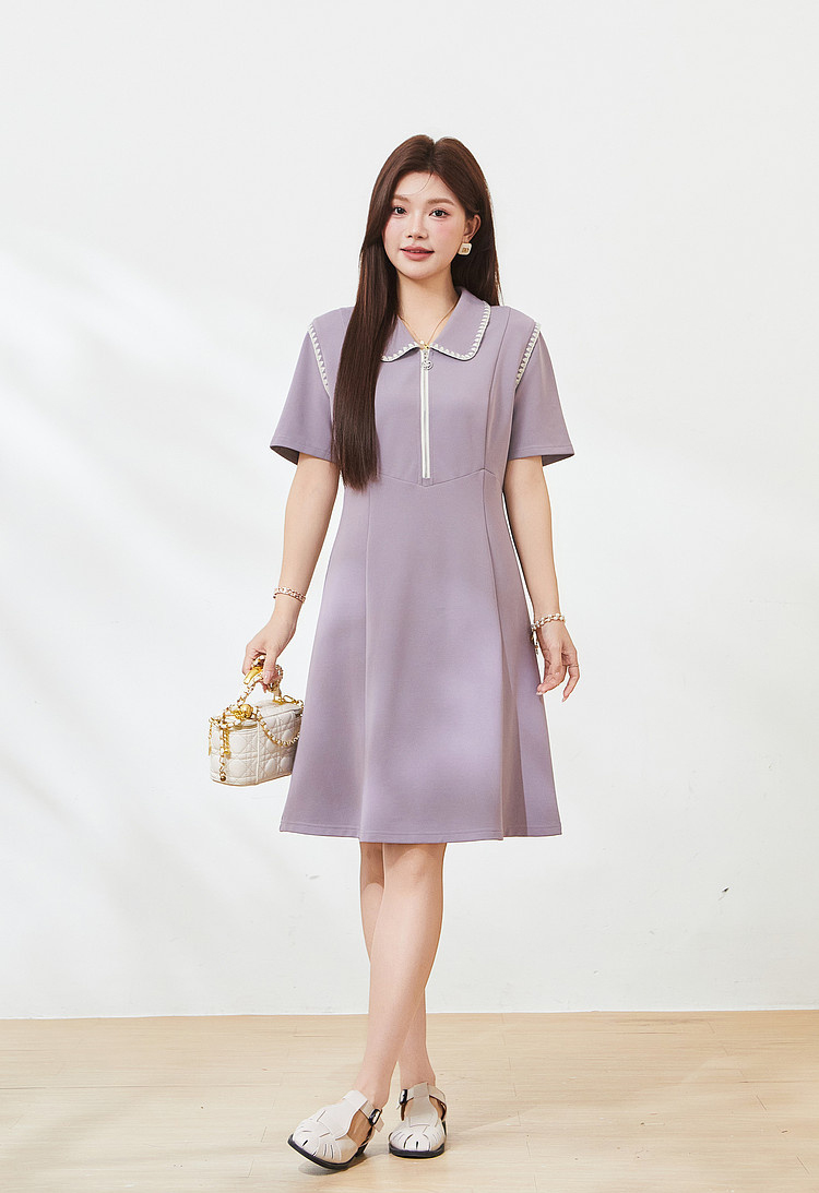 POLO collar and waist A-line shell embroidered dress，FXQ7227
