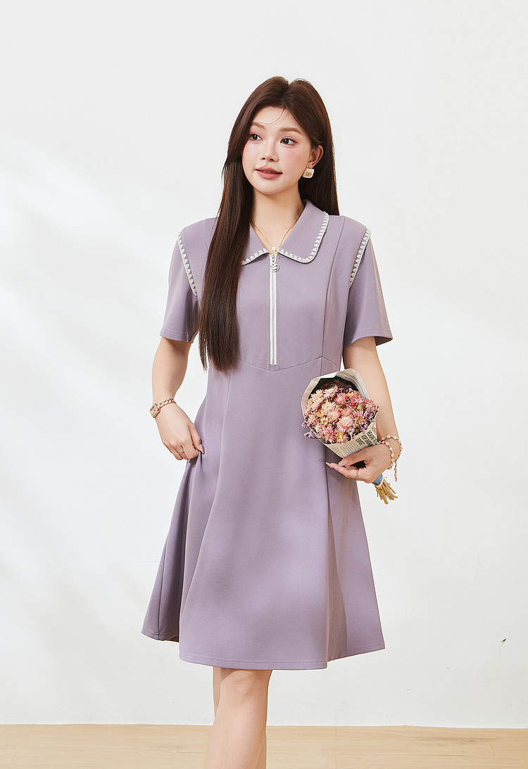 POLO collar and waist A-line shell embroidered dress，FXQ7227