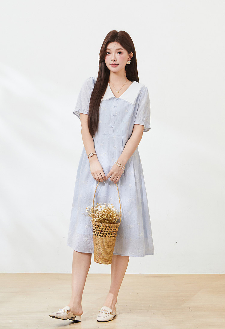 Color blocking doll collar embroidered dress，FXQ7255