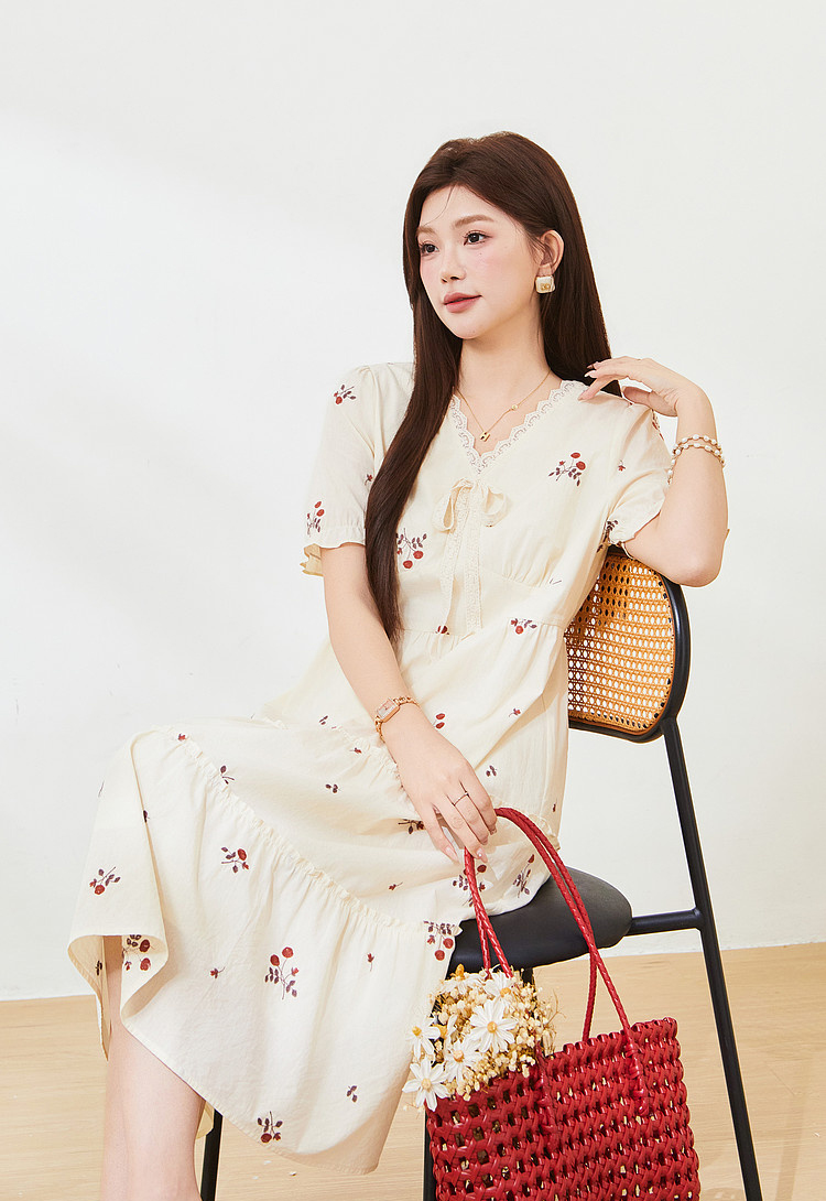 Embroidered floral V-neck cake dress，FXQ7335