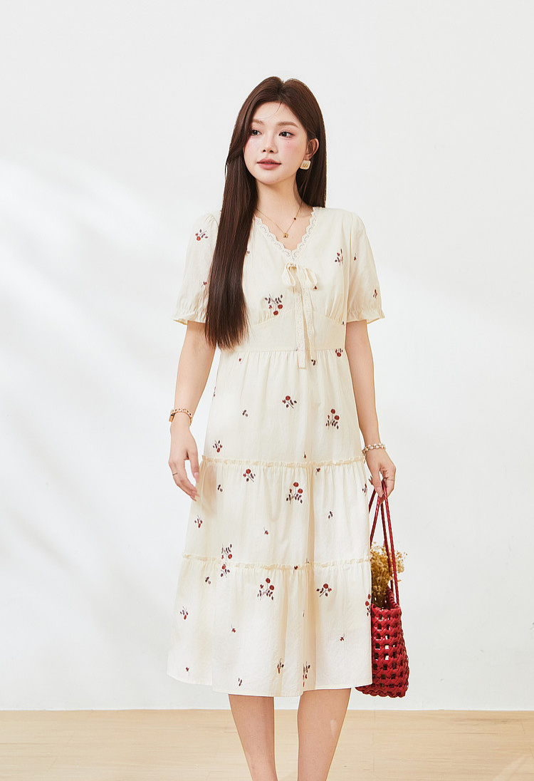 Embroidered floral V-neck cake dress，FXQ7335