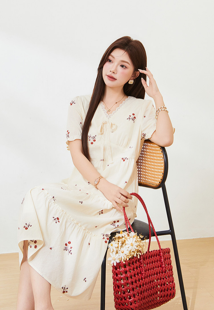 Embroidered floral V-neck cake dress，FXQ7335