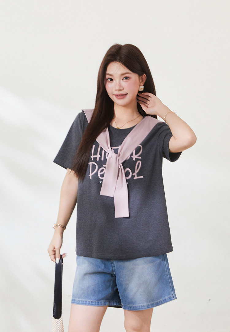 Round neck loose print shawl contrasting top，FXZ7109