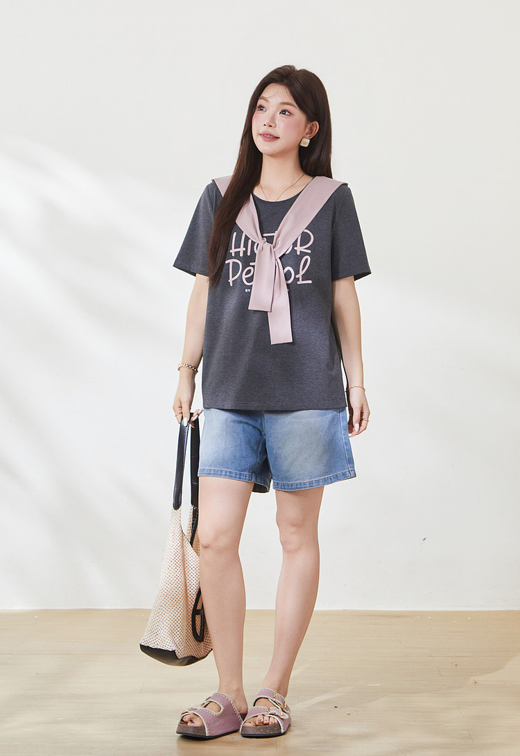 Round neck loose print shawl contrasting top，FXZ7109