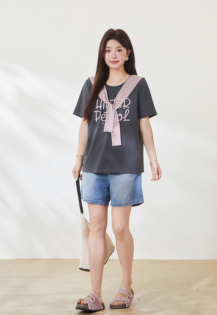 Round neck loose print shawl contrasting top，FXZ7109