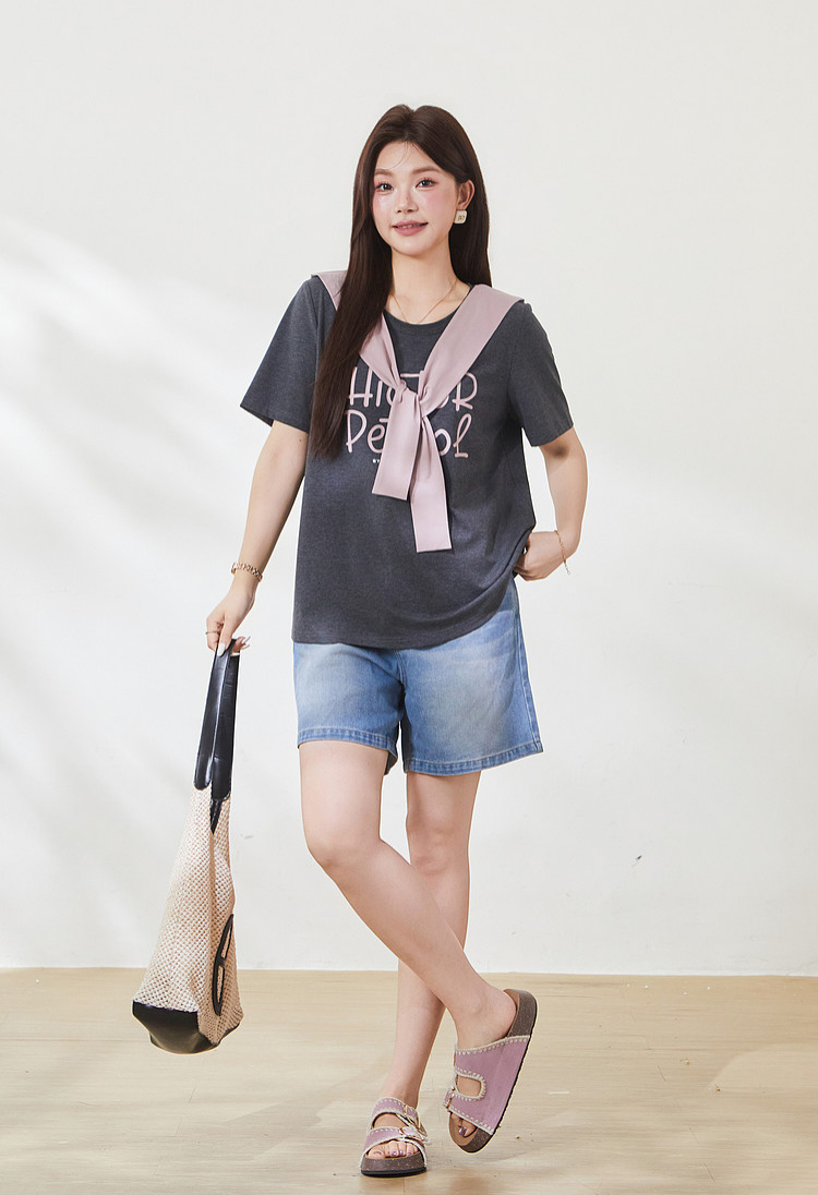 Round neck loose print shawl contrasting top，FXZ7109