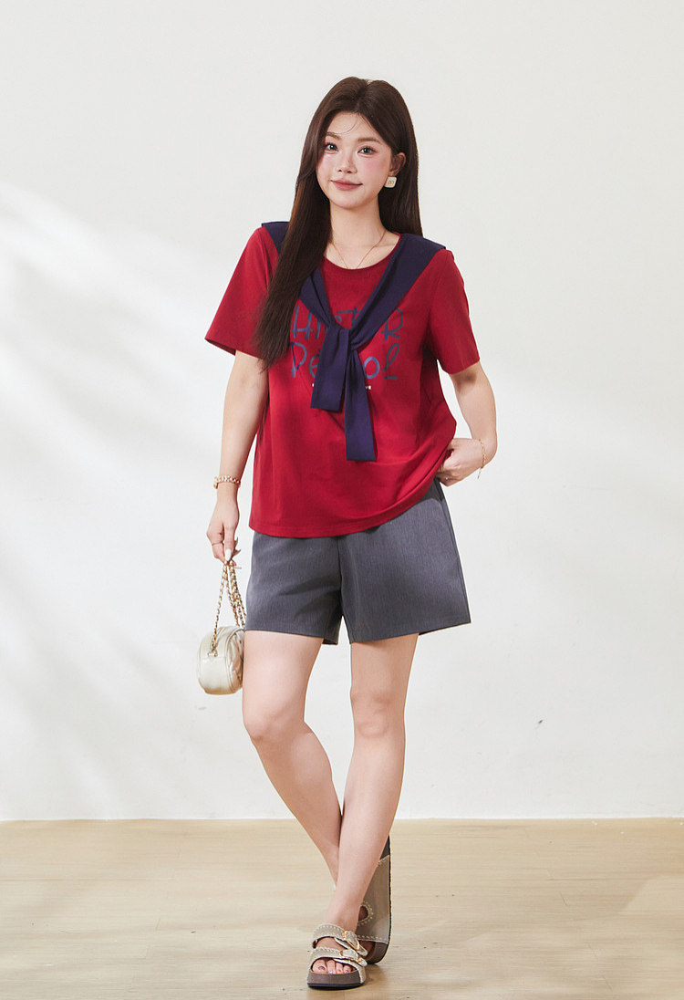 Round neck loose print shawl contrasting top，FXZ7109