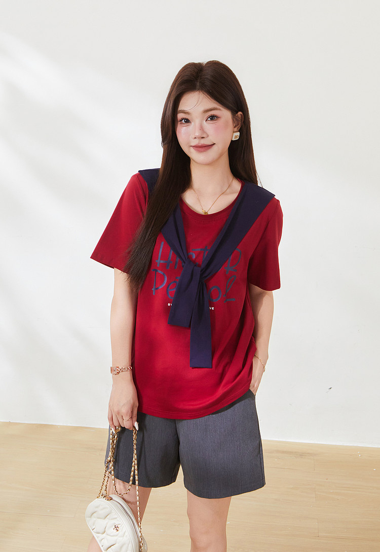 Round neck loose print shawl contrasting top，FXZ7109
